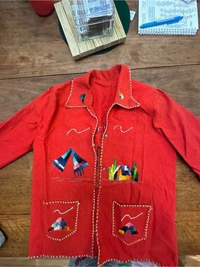Embroidered Red Button-Up Cardigan Jacket